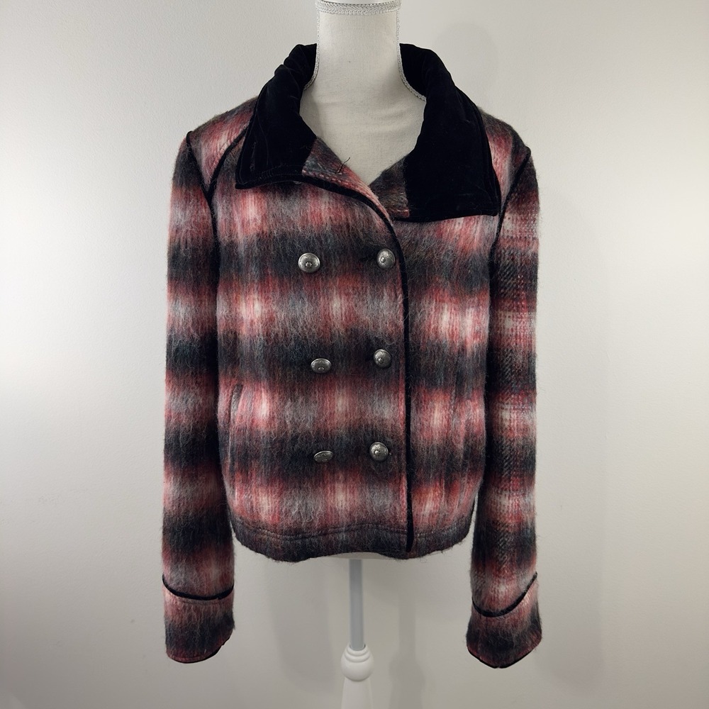 Free People Women's Red Black Plaid‎ Wool Blend Jacket Coat Size L